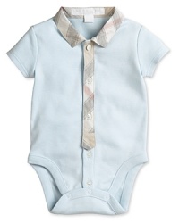 Bring up baby in Burberry: a soft blue bodysuit trimmed with classic plaid.