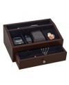 Get him to unload his pockets in one place! Rich mahogany wood and plush suede lining make the Jackson jewelry chest from Reed & Barton the best place to put a wallet, cell phone, change and more. With a divided drawer for rings and chains.