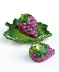 A fun bunch, Grape salt and pepper shakers from Martha Stewart Collection are bursting with whimsical detail, from juicy purple fruit and bumblebees to the leaf-shaped dish that accompanies them.