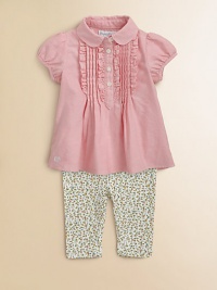 An adorable set pairs a classic oxford top with a stretch cotton floral-print legging. Shirt Club collarShort puff sleevesButton-frontPintuck bodice Pants Elastic waistbandShirt: cottonPants: 97% cotton/3% elastaneMachine washImported Please note: Number of buttons may vary depending on size ordered. 