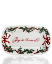 Martha Stewart Collection makes the table merrier with the Holiday Garden bread tray. Adorned with Joy to the world, it's a beautiful collectible trimmed in holiday greens and made for family meals in durable white porcelain.