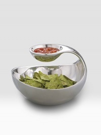 A small bowl fit for salsa, dips or nuts hovers over the larger bowl via a graceful arc in a wholly original conversation piece crafted in two tiers of gleaming metal alloy. Metal 8H X 11 diam. Imported 