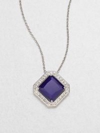 A deep sapphire-colored faceted square of cubic zirconia is framed by shimmering pavé crystals in this lovely design on a silvery chain.Crystal and cubic zirconiaRhodium platingChain length, about 16Pendant, about ½ squareLobster claspImported