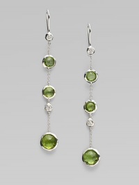 From the Silver Rain Collection. Delicate diamonds and richly colored faceted peridot within setttings of hammered sterling silver dangle delightfully from graceful chains.Diamonds, .20 tcw PeridotSterling silverDrop, about 2½Ear wireImported