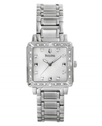 Dazzling detail dresses up this elegant watch by Bulova. Stainless steel bracelet and square case. Diamond accents at bezel. White mother-of-pearl dial with diamond-accent markers and logo. Quartz movement. Water resistant to 30 meters. Three-year limited warranty.