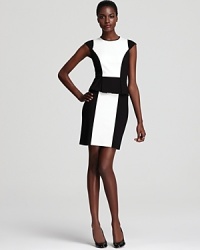 Sharp workday style is yours when you choose this Cynthia Steffe color block dress boasting black and white ponte panels on a curve-hugging silhouette. Dinner after the office? Trade the tote for a clutch and you're set.