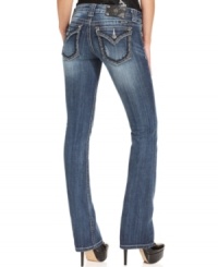 Hardware and rhinestones up the edge on these Miss Me bootcut jeans -- perfect for a hot fall look!