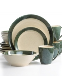 Sango gives casual tables an earthy vibe with this moss and cream Malibu dinnerware set. Hardy stoneware in basic shapes with a unique splattered glaze hosts casual fare with one-of-a-kind style.