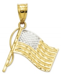 True patriotism. This polished 14k gold and sterling silver flag features the script: God Bless America on the reverse side. Chain not included. Approximate length: 1 inch. Approximate width: 7/10 inch.