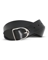 Sleek black belt with contoured Wilton centerbar buckle in polished steel.