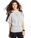 Sweet lace panels accent BCX's blouson top with fun and dainty style.