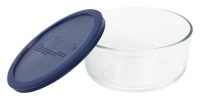 Pyrex Storage 7-Cup Round Dish with Dark Blue Plastic Cover, Clear