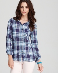 Channel tomboy-chic in this C&C California plaid shirt--the perfect style statement with your favorite denim.