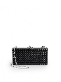 THE LOOKRemovable shoulder chainRectangular shapeEncrusted with jet black caviar Austrian crystalsPush-lock clasp closureInside logo detailTHE MEASUREMENTRemovable shoulder chain, 9 drop6W X 3H X 1¼DTHE MATERIALAustrian crystalsMetal boxMetallic leather liningORIGINImported