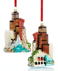 Kurt Adler offers holiday decor with hometown spirit in the Chicago Cityscape ornament, featuring the Windy City's famous skyline in sparkling glass. Shown front and back.