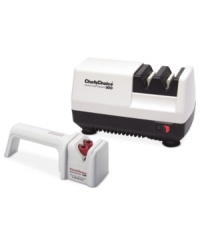 A 2-stage sharpener with 100% diamond abrasives and convenient, patented bi-level magnetic guides for ease of use totally transforms you kitchen knives taking them from dull & used to good as new. Including a bonus diamond-hone serrated knife sharpener, this duo rejuvenates every knife on the block. 1-year warranty. Model M300.