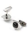 This dapper cufflink finishes your French cuff with the gleam and polish of onyx and silver-tone brass. From the masterful Salvatore Ferragamo.