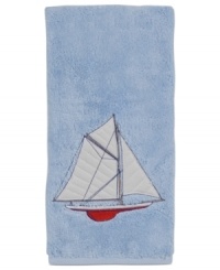 Set sail for uncharted bath decor with this nautical-themed washcloth from Creative Bath. Emblazoned with a seafaring schooner, this plush wash towel docks beautifully-powder rooms to bathrooms.