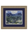 Vincent Van Gogh's dreamy vision of olive trees is realized in vibrant blues and greens. Scrolling vines embossed in the antique silver frame echo the artist's curvy, twisting forms.