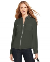 A classic piece gets a decidedly fresh look, from MICHAEL Michael Kors. This petite shirt features military-inspired details like a metal pull and zip-up front for an appealing edge!