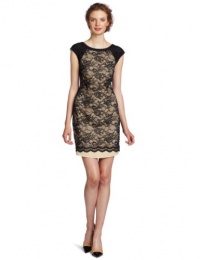 Jessica Simpson Women's Short Sleeve Lace Cover Cap Sleeve Dress, Black/Nude, 12