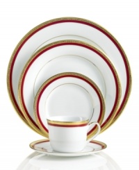 An instant classic, the Red Rim place setting combines bands of holiday red and filigree-patterned gold in elegant white porcelain. Layer with Charter Club's Grand Buffet Classic Gold and Holly Berry dinnerware.