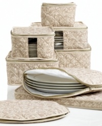 Keep china safe between special occasions with this 8-piece storage set. Soft microfiber resists dust and stains while securing each piece in your dinnerware collection, from teacups to serving platters, between layers of plush quilting. A great idea for family heirlooms and holiday china.