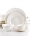 All white and trimmed in a raised vine motif, the Nobilis dinnerware and dishes set from Gibson caters to casually elegant meals. Classic shapes finished with a radiant glaze exude timeless, quiet refinement.