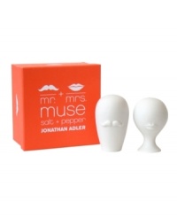 A perfect pair, the Mr. and Mrs. Muse salt and pepper shakers grace the modern table with the chic aesthetic of Jonathan Adler. With a box made for giving.