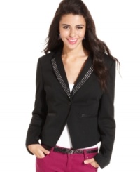 A studded lapel adds super-fresh style to this fitted blazer from Jou Jou! Rock the layer with your brightest denim for a look that stands out from the fashion pack.