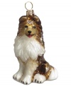 Just begging for a home, this Sheltie ornament has puppy dog eyes and a beautiful coat in hand-painted glass by Joy to the World.