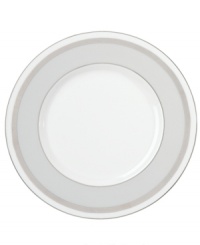 A gift to formal dining from kate spade new york, the Grace Avenue accent plate offers a chic balance of fun and refined in platinum-banded bone china. A pale gray border and grosgrain ribbon put the preppy, finishing touches on dinnerware for stylish tables.