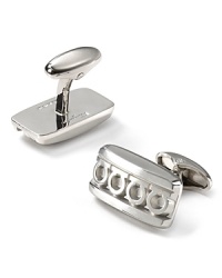 This polished cufflink takes inspiration from classic antiquity with a row of potent symbols.