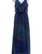 Aqua Luxe Navy Printed Silk Ruffle Front Maxi Dress X-Small