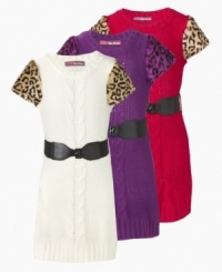 Bring a bit of the exotic to her life with this fun animal-print accented sweater-dress with belt from Epic Threads.