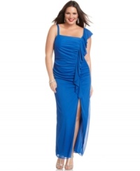 Ruched and ruffled, this plus size dress by Onyx is ready to flatter your figure! Complete the look with sparkling earrings and strappy metallic heels. (Clearance)