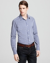 Classic gingham check always brings a breath of fresh air to your day. Constructed in crisp cotton with a bit of stretch, this Theory shirt works for you in all environments, from casual to reserved, making it a great shirt to wear when you need to transition quickly from work to dinner with friends.