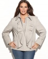 Add a feminine layer to your look this season with INC's long sleeve plus size jacket, accented by a ruffled front.