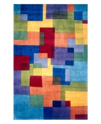 A dynamic mix of bright colors and geometric shapes creates an arresting rug that recalls the best of modern art. The color palette of blue, red, salmon, yellow and sage gives the piece a vibrant, buoyant style that lends your home a striking, contemporary look. Hand-tufted and hand-carved of plush wool.