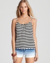 The classic Juicy Couture tank gets an elegant new attitude with bold nautical stripes. A relaxed cut pairs with a ruched neckline for a modern feel.