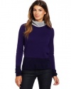 Magaschoni Women's 100% Cashmere Color Block Turtleneck Sweater, Plum Wine/Ink/Light Silver Mouline, Small