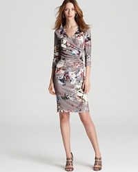 Vibrant florals bloom against a ruched Bloomingdale's Exclusive BASLER dress for a sophisticated approach to office chic. Finish the slinky style with strappy heels for a look that works overtime.