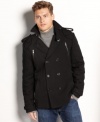 A pea coat that salutes military detail: X-Ray double-breasted jacket with oversized epaulets, shoulder flaps, and zip-up pockets.