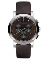 This Burberry watch features a brown check fabric strap and round stainless steel case. Dark brown textured sunray dial with black stick indices, logo, date window and three subdials. Swiss made. Quartz movement. Water resistant to 50 meters. Two-year limited warranty.