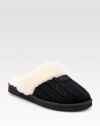 Warm and comfy wool design with shearling lining. Wool knit upper Shearling lining Padded insole Rubber sole ImportedOUR FIT MODEL RECOMMENDS ordering true whole size; ½ sizes should order the next whole size up. 