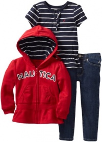 Nautica Sportswear Kids Girls 2-6X Knit Top and Denim Bottom Full Zip Hoodie Sweater Set, Deep Red, 2T