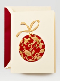 Dramatic with a touch of whimsy, the hand-engraved red and gold ornament on this Christmas card is holiday perfection. Inside reads May the joys and blessings of the Christmas season be yours throughout the year. Consider the garnet-lined cream envelope the star on top of the tree.Set of 10 cards5.5 X 7.38Made in USA