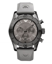 A contemporary and masculine chronograph, by Emporio Armani. Watch crafted of gray logo-stamped rubber strap and round gray-plated stainless steel case with gray bezel. Textured gray chronograph dial features silver tone stick indices, minute track, date window at six o'clock, three subdials, three hands and logo. Quartz movement. Water resistant to 50 meters. Two-year limited warranty.