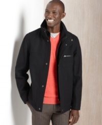 Confidently take this versatile Perry Ellis coat from the office to dinner for an always stylish look.