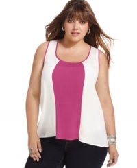 Look pretty in pleats with Soprano's sleeveless plus size top, featuring an on-trend colorblocked design! (Clearance)